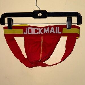Men’s medium jockstrap, red and yellow used Jockmail